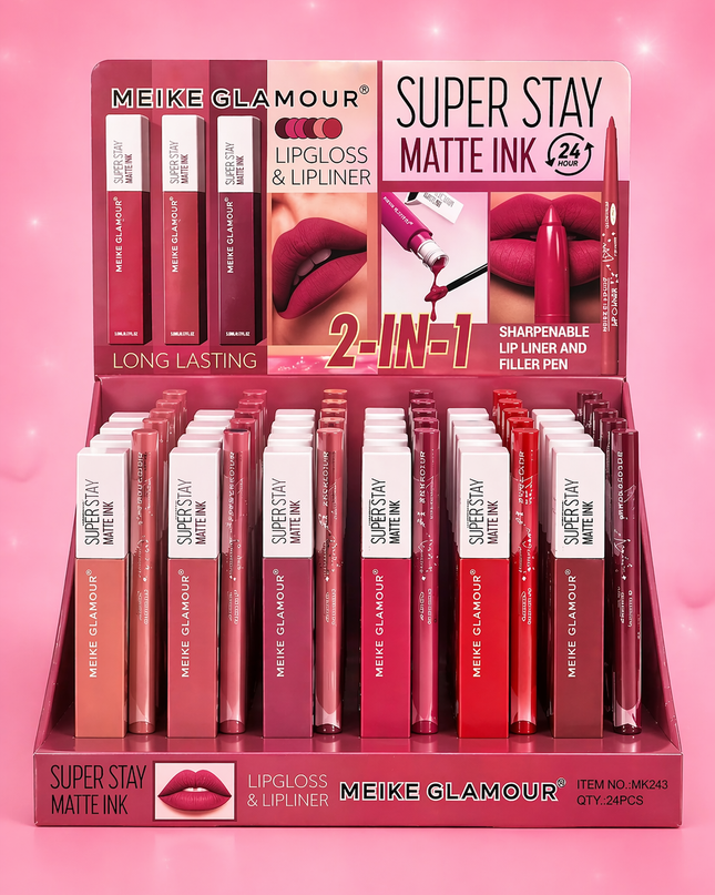 LIP GLOSS DUO MATTE & LIP LINER-2&1 MEIKE GLAMOUR -24 SET BOX #MK243