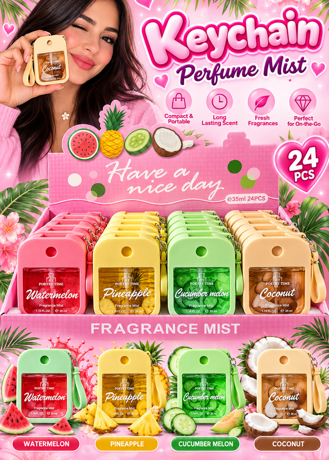 PERFUME KEYCHAIN 35 ml- 24 pcs box - HAVE A NICE DAY( pink box)