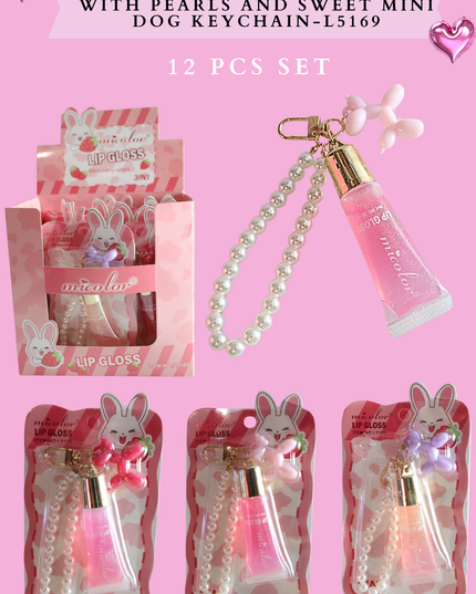 MICOLOR LIPGLOSS BUNNY WITH PEARLS AND SWEET MINI DOG KEYCHAIN- L5169 12 PCS SET (clear)