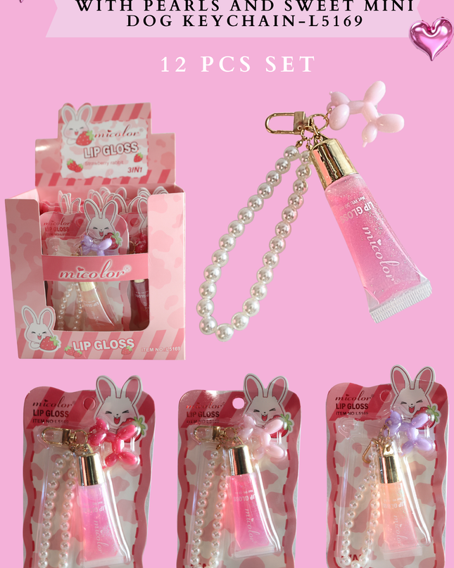 MICOLOR LIPGLOSS BUNNY WITH PEARLS AND SWEET MINI DOG KEYCHAIN- L5169 12 PCS SET (clear)