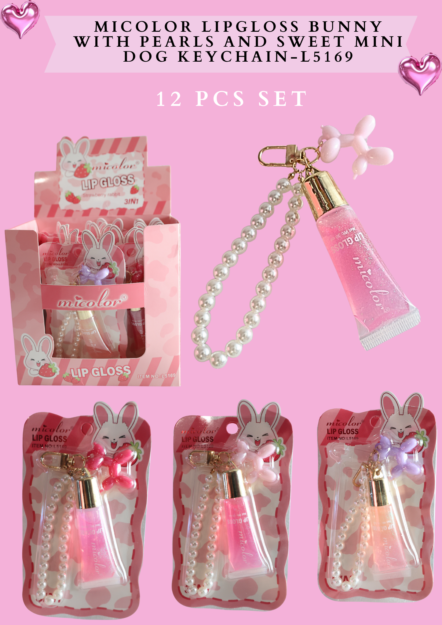 MICOLOR LIPGLOSS BUNNY WITH PEARLS AND SWEET MINI DOG KEYCHAIN- L5169 12 PCS SET