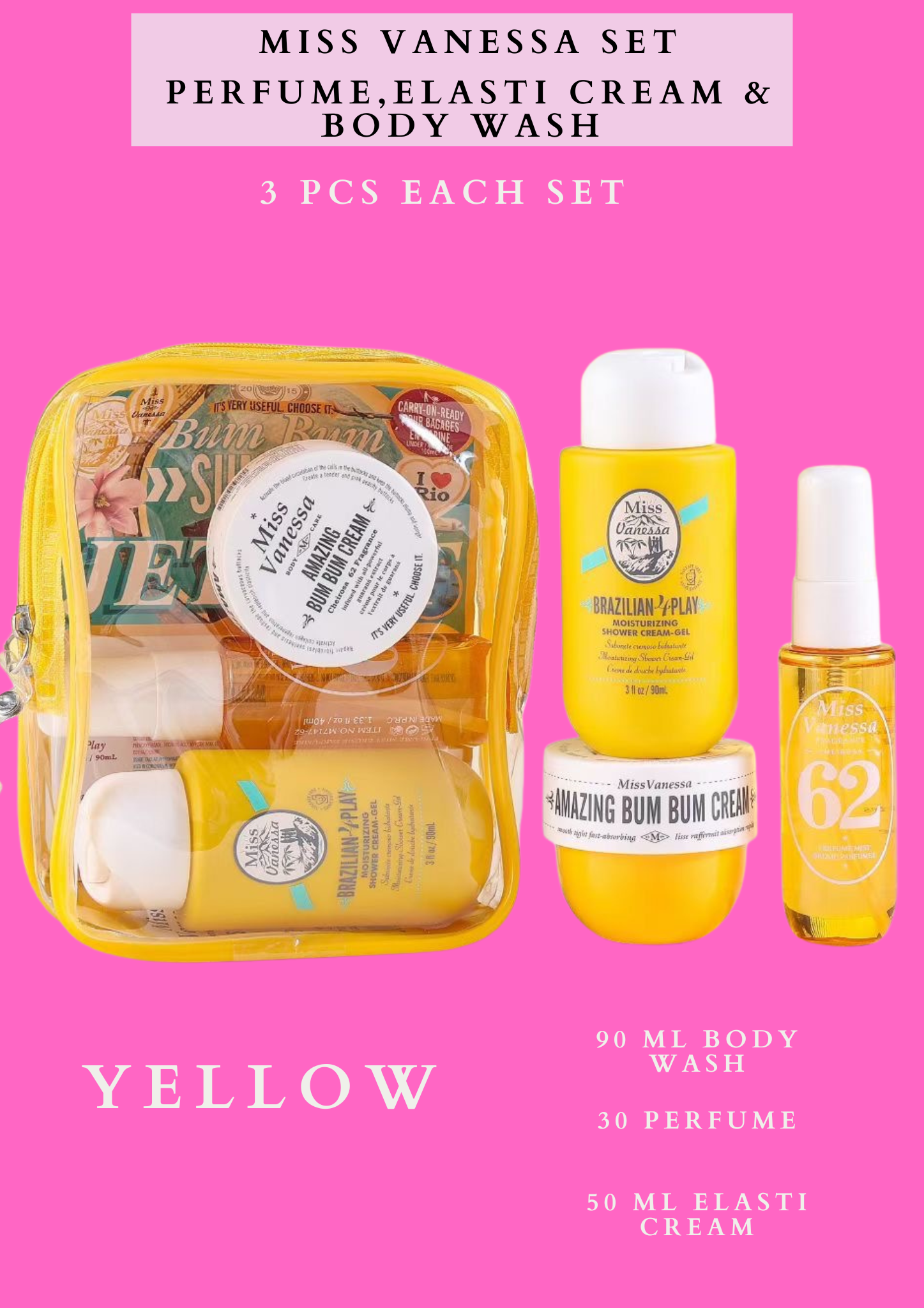 MISS VANESSA TRAVEL SET PERFUME, ELASTI CREAM & BODY WASH (BUNDLE 4 SET )- EACH SET HAVE 3 PCS