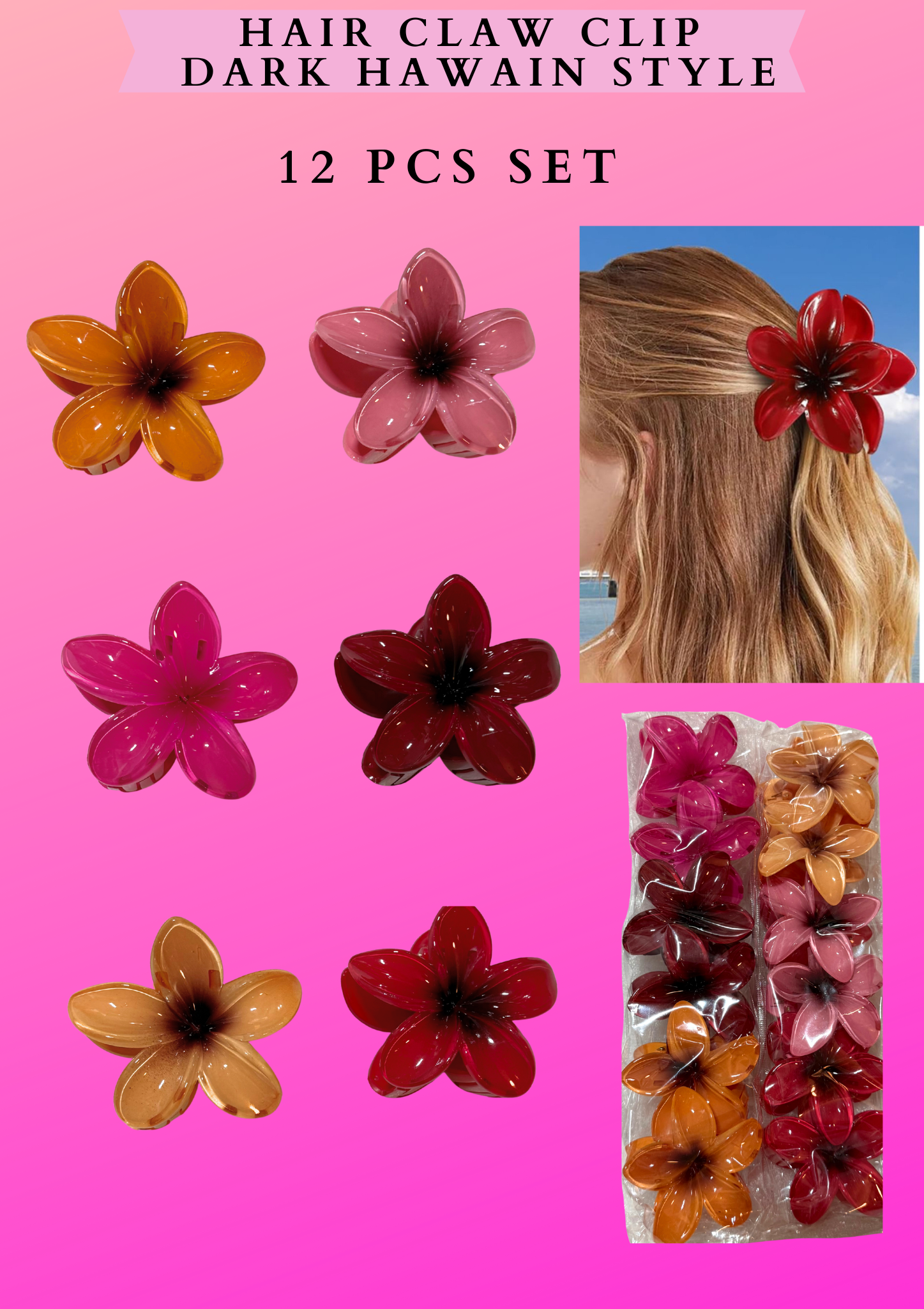 HAIR CLAW CLIP DARK HAWAIN STYLE - 12 PCS SET