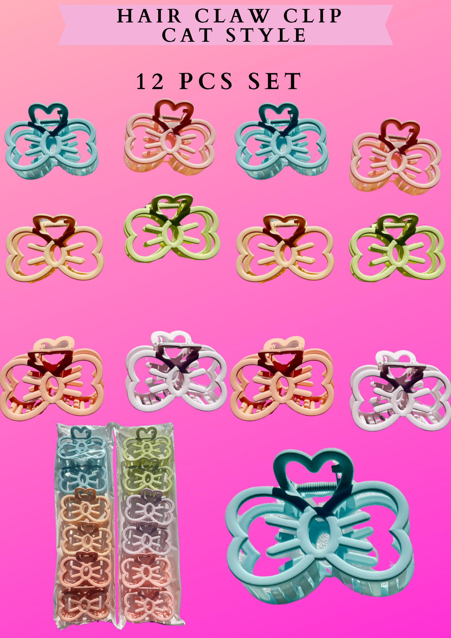 HAIR CLAW CLIP CAT STYLE-  12 PCS SET
