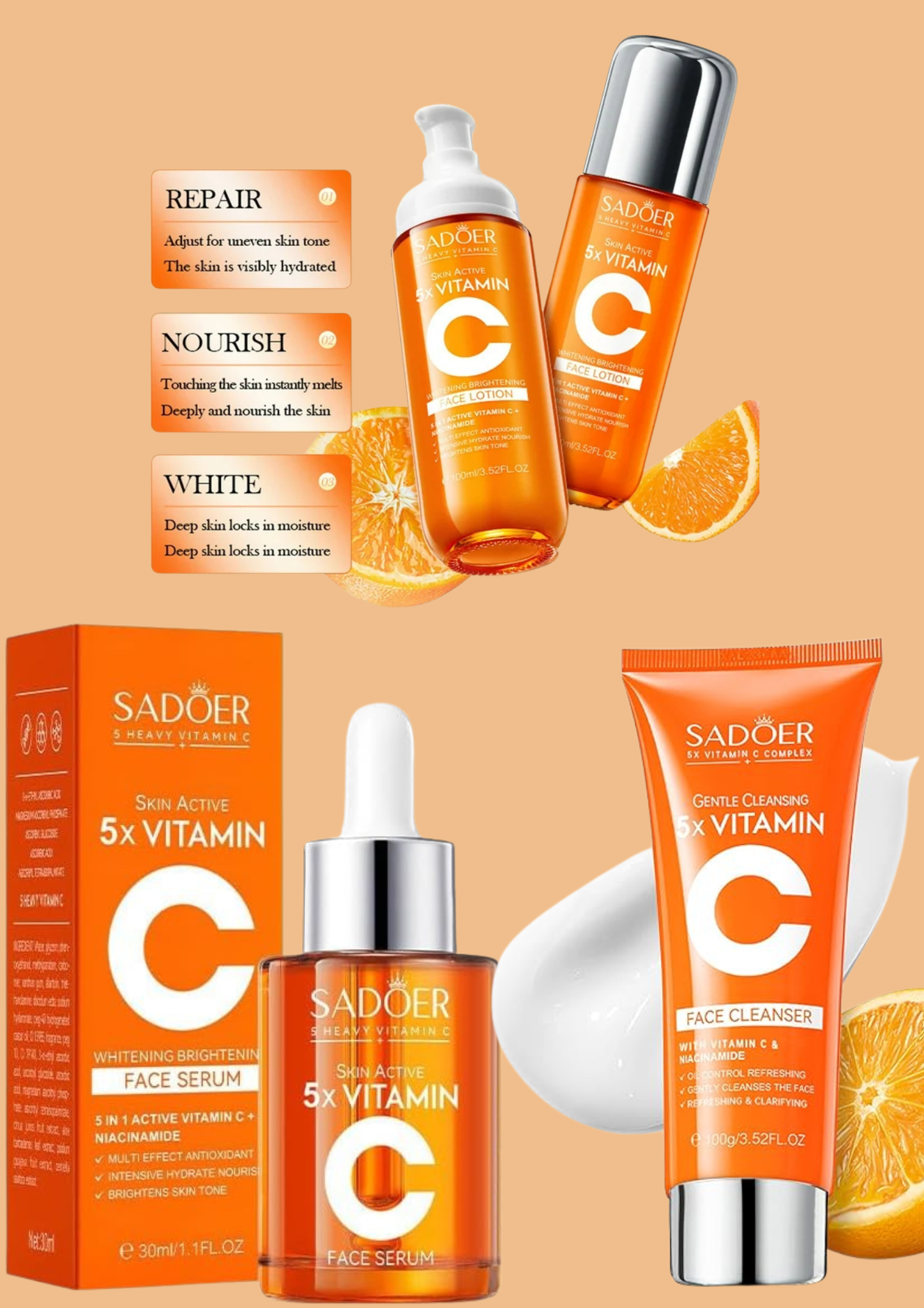 SADOER - FACE LOTION, FACE CLEANSER & face serum ( set 3 pcs)