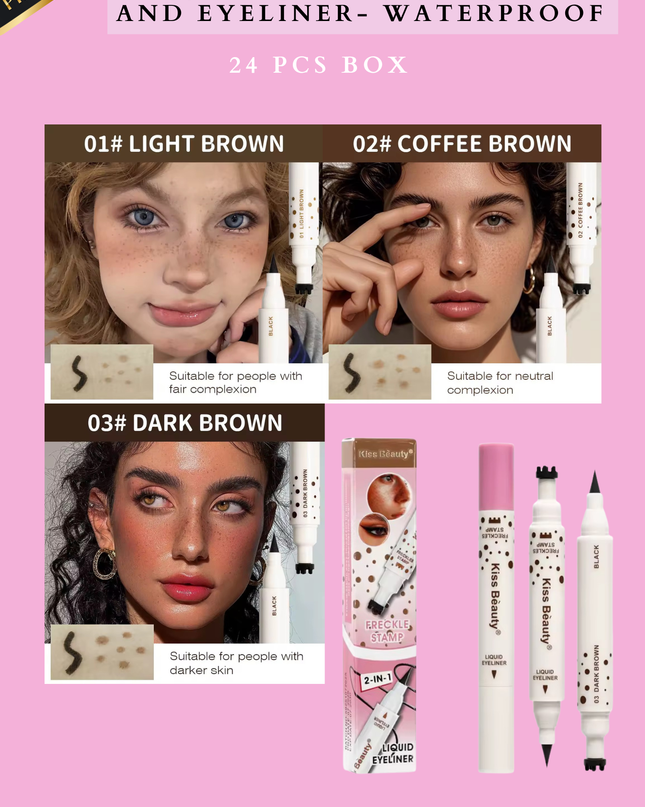 KISS BEAUTY 2 in 1 FRECKLE STAMP & EYELINER- WATERPROOF- 24 PCS BOX