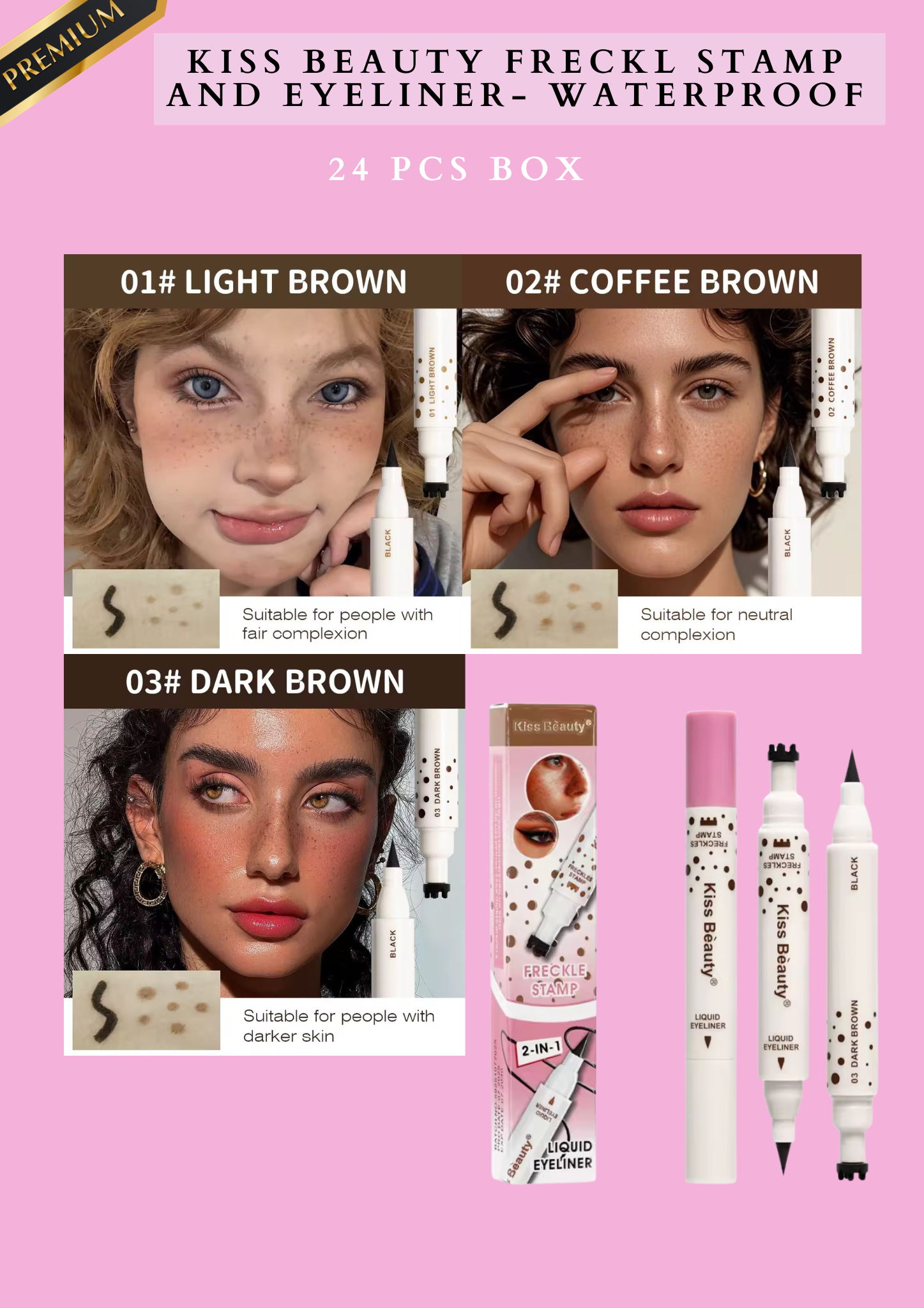 KISS BEAUTY 2 in 1 FRECKLE STAMP & EYELINER- WATERPROOF- 24 PCS BOX