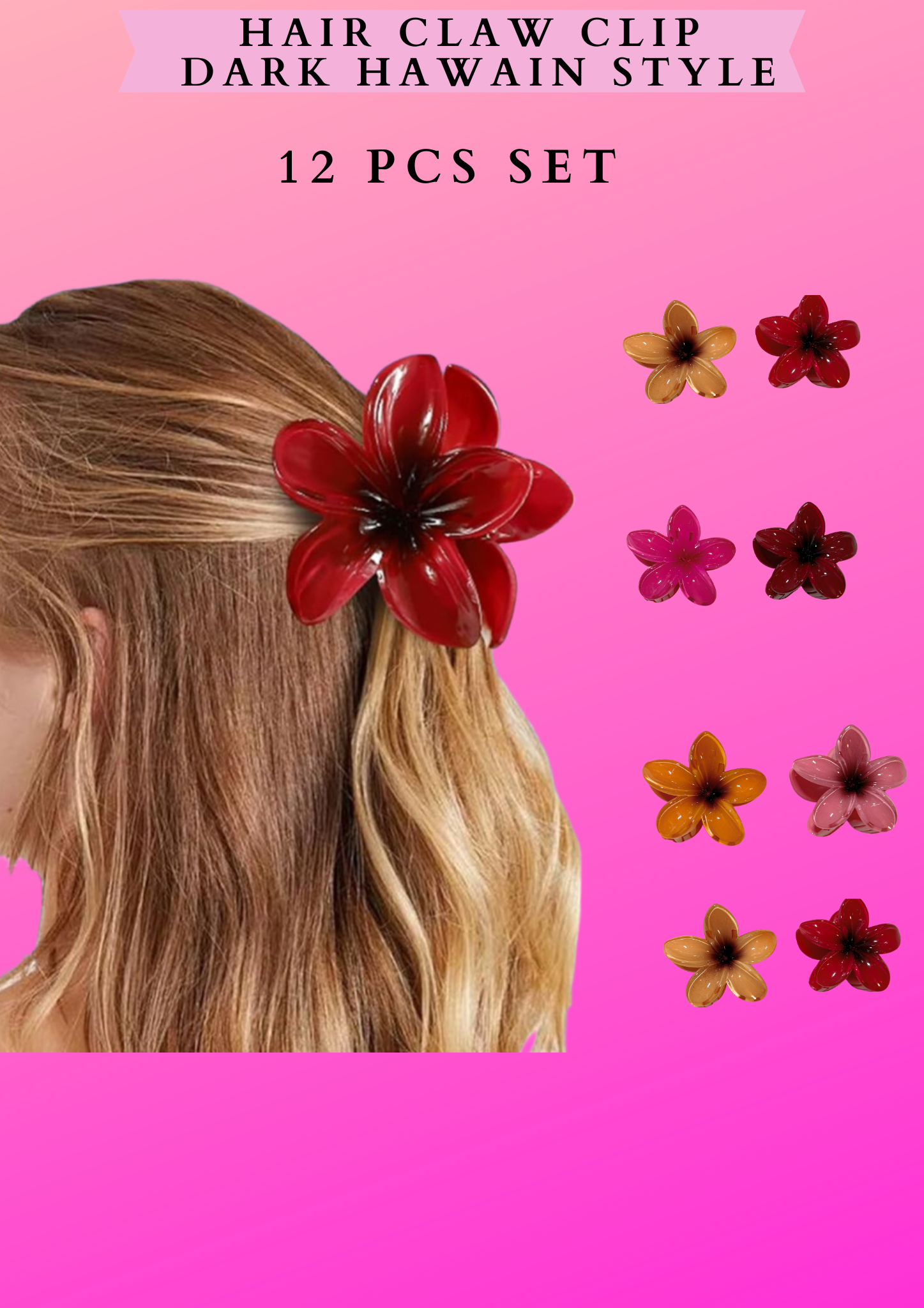 HAIR CLAW CLIP DARK HAWAIN STYLE - 12 PCS SET
