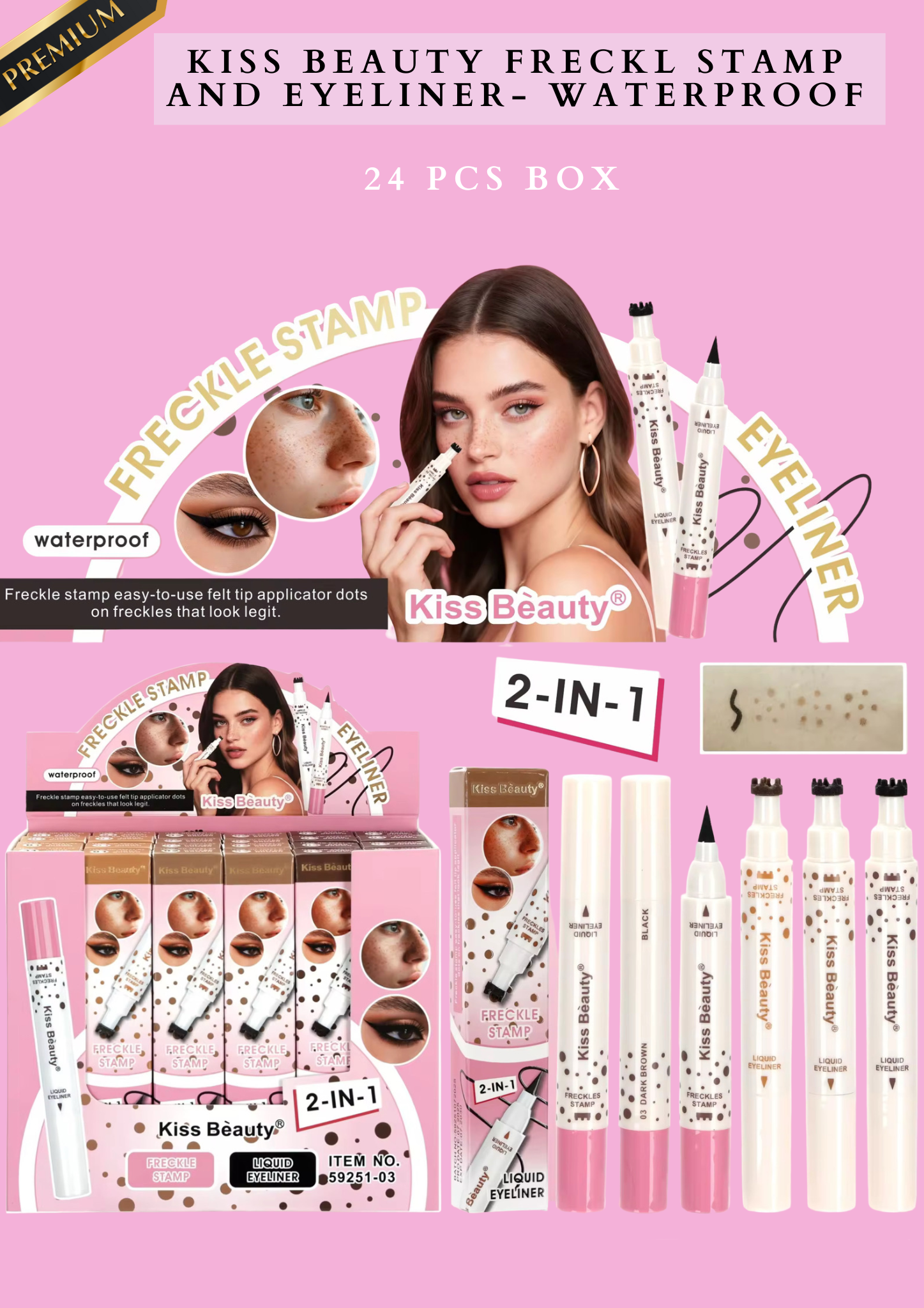 KISS BEAUTY 2 in 1 FRECKLE STAMP & EYELINER- WATERPROOF- 24 PCS BOX