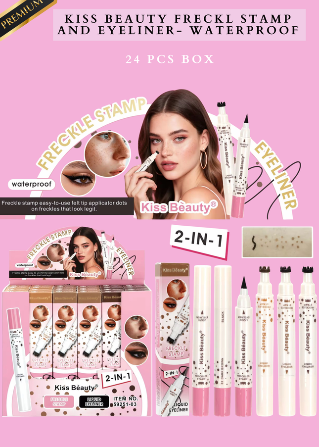 KISS BEAUTY 2 in 1 FRECKLE STAMP & EYELINER- WATERPROOF- 24 PCS BOX