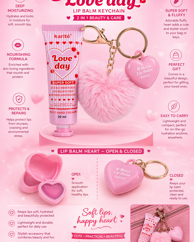 HAND CREAM & LIP BALM WITH KEYCHAIN  LOVE DAY KARITE - 12 pcs box