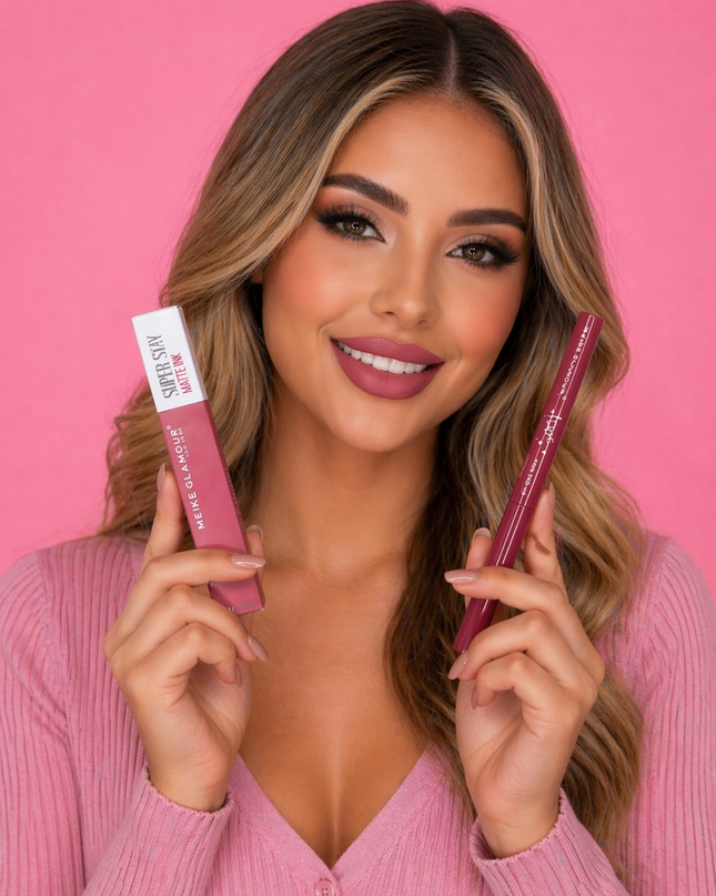 LIP GLOSS DUO MATTE & LIP LINER-2&1 MEIKE GLAMOUR -24 SET BOX #MK243