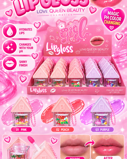 MAGIC LIPGLOSS GIRL-CUTE HOUSE WITH KEYCHAIN keychain LOVE QUEEN BEAUTY( 24 PCS BOX) (COD GQ-8007)