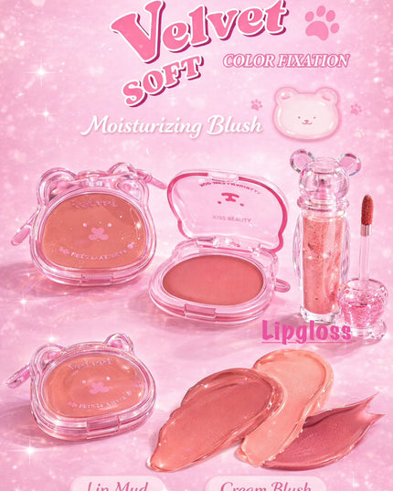 KISS BEAUTY SET - 3 in 1 - ( lip mud, blush & lipgloss) - 12 pcs set