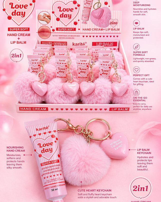 HAND CREAM & LIP BALM WITH KEYCHAIN  LOVE DAY KARITE - 12 pcs box