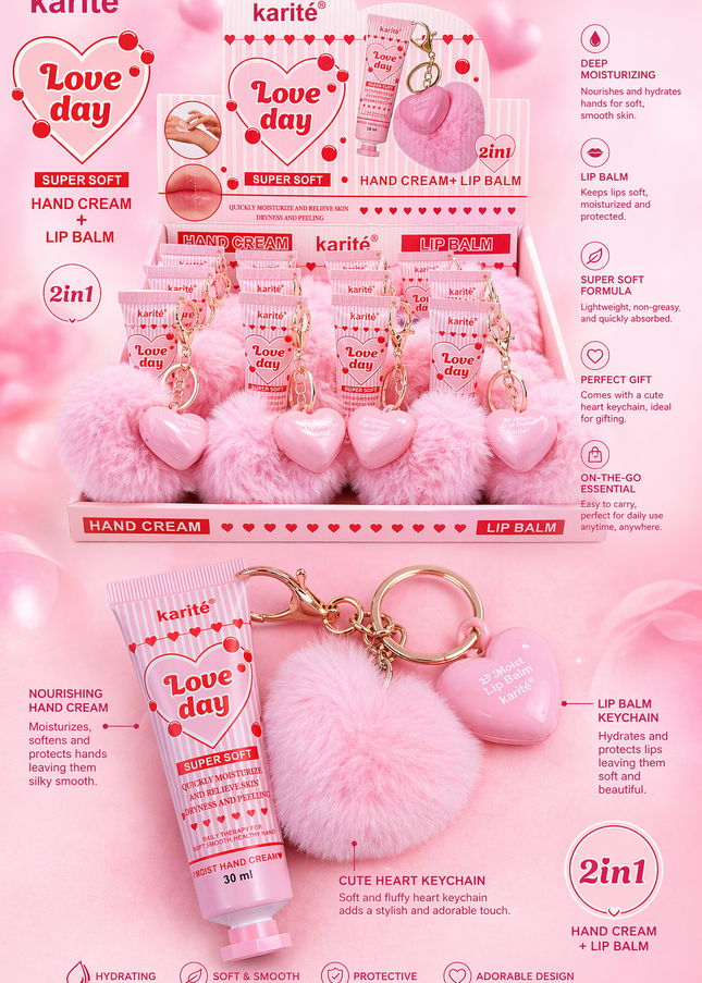 HAND CREAM & LIP BALM WITH KEYCHAIN  LOVE DAY KARITE - 12 pcs box