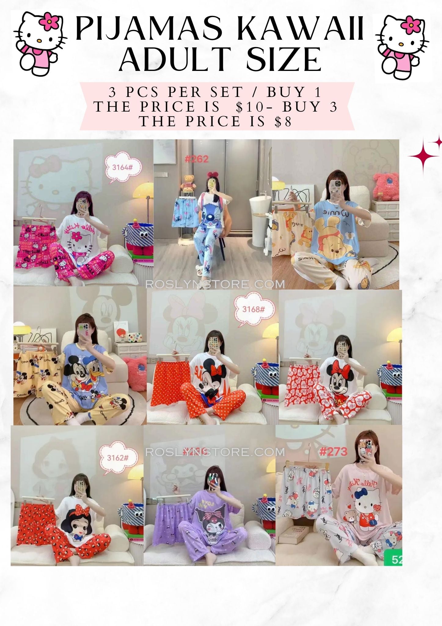 PIJAMAS KAWAII- Pajamas- (3 pcs Pijama ) 1 Pijama $10 / buy 3 price is $8 per each Pijama - Adjustable size ( S- M-L)