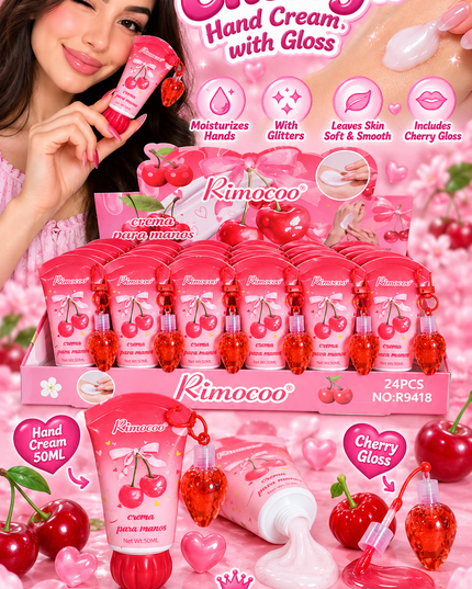HANDS CREAM WITH LIPGLOSS KEYCHAIN -CHERRY --RIMOCOO-24 PCS-Cod (R9418)