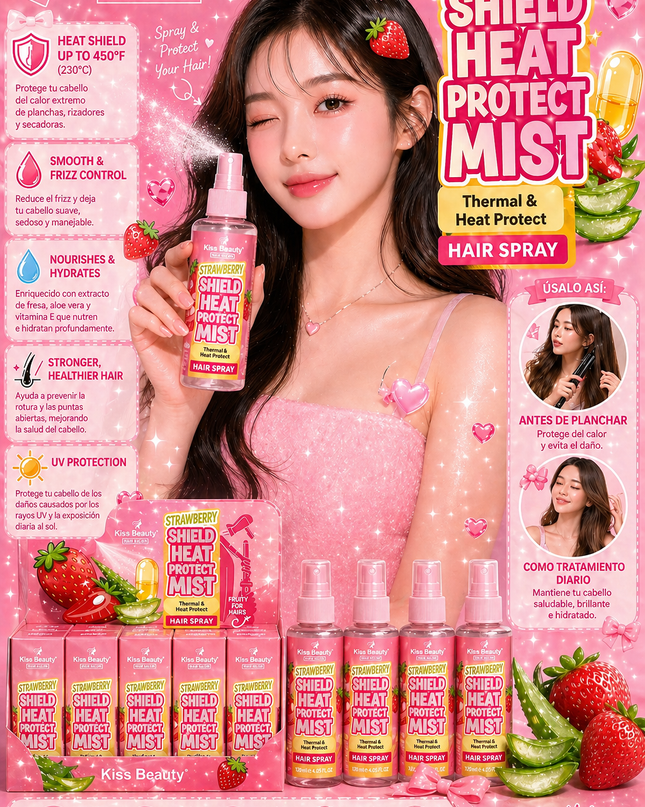 Kiss Beauty - STRAWBERRY SHIELD HEAT PROTECT MIST Thermal & Heat Protect HAIR SPRAY -12 pcs box