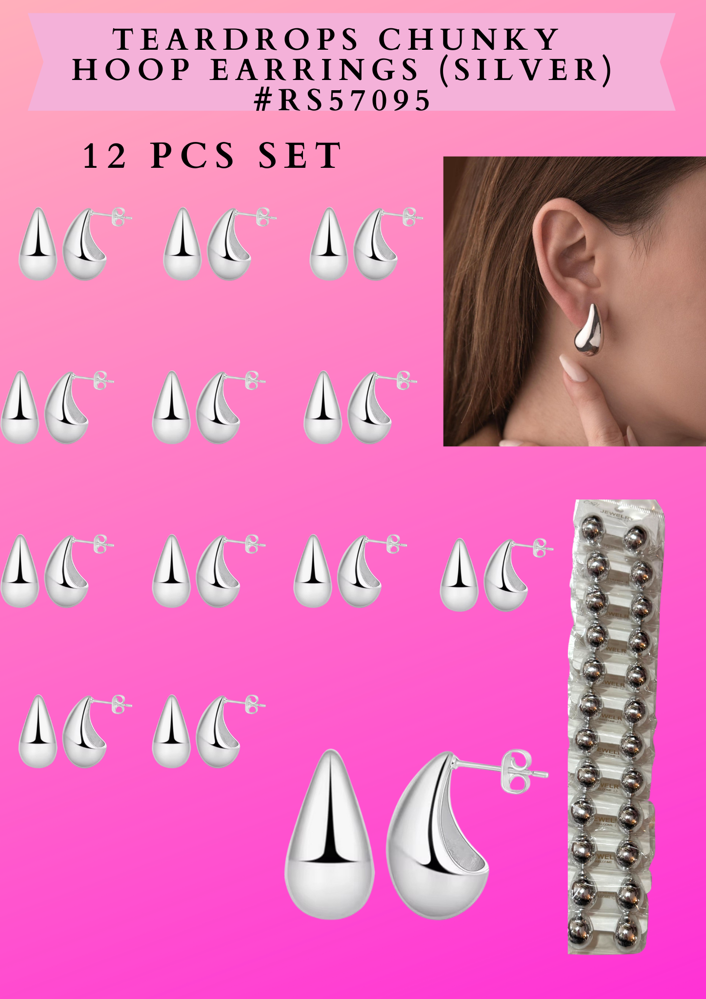 TEARDROPS CHUNKY HOOP EARRINGS (SILVER) #RS57095 - 12 PCS SET
