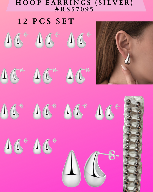 TEARDROPS CHUNKY HOOP EARRINGS (SILVER) #RS57095 - 12 PCS SET