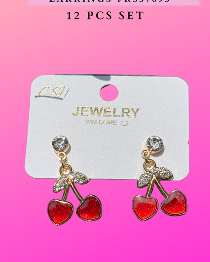 HEART CHERRY EARRINGS #RS57093-  12 PCS SET