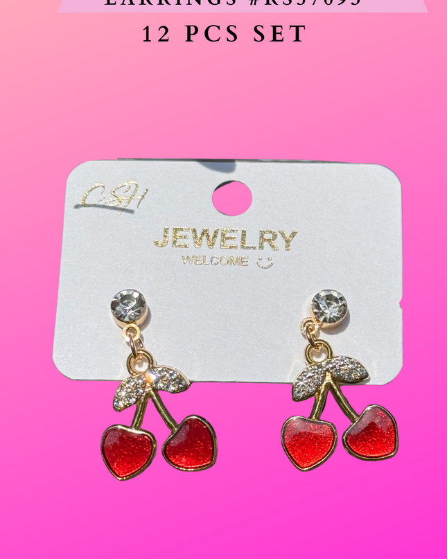 HEART CHERRY EARRINGS #RS57093-  12 PCS SET