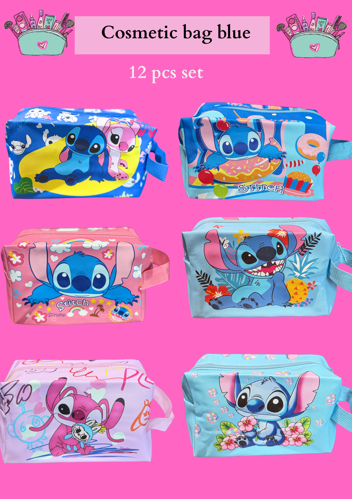 BLUE COSMETIC-  WITH ZIPPER - 12 PCS SET