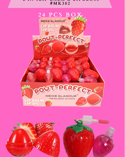 MEIKE GLAMOUR STRAWBERRY 2 in 1 LIP BALM & LIPGLOSS #MK 382 -(24 PCS BOX)