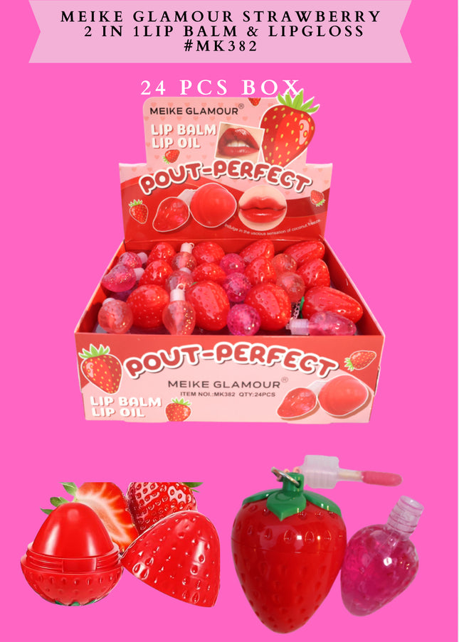 MEIKE GLAMOUR STRAWBERRY 2 in 1 LIP BALM & LIPGLOSS #MK 382 -(24 PCS BOX)
