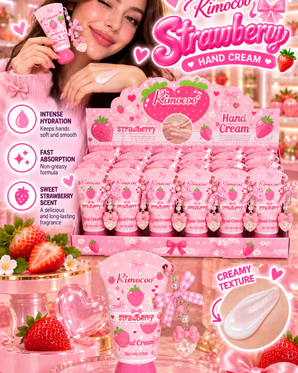 HANDS CREAM WITH KEYCHAIN -STRAWBERRY pink  -RIMOCOO-24 PCS-Cod (R9441)