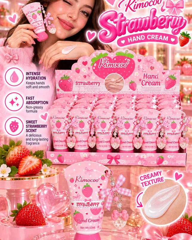 HANDS CREAM WITH KEYCHAIN -STRAWBERRY pink  -RIMOCOO-24 PCS-Cod (R9441)