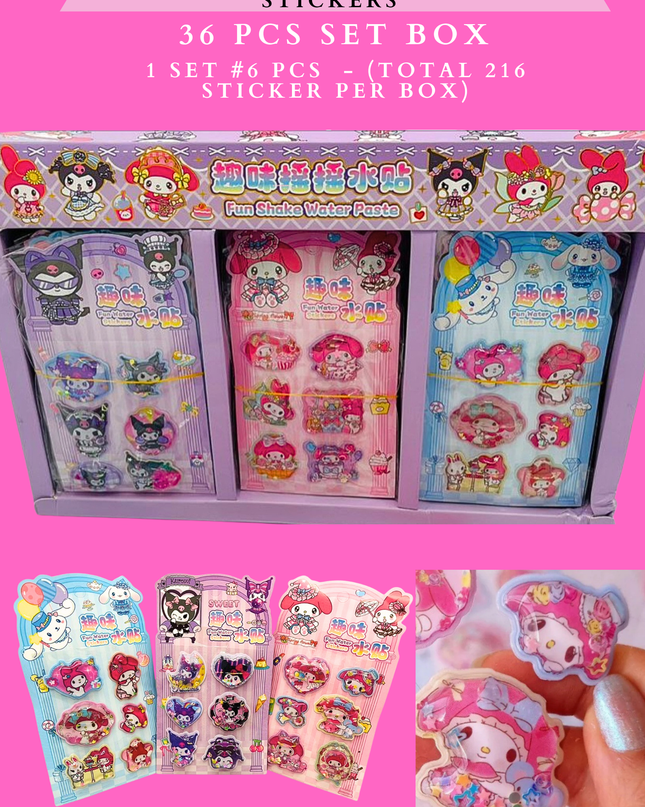 3D sanrio GLITTER WATER STICKERS- (36 PCS box) - (TOTAL 216 STICKER PER BOX