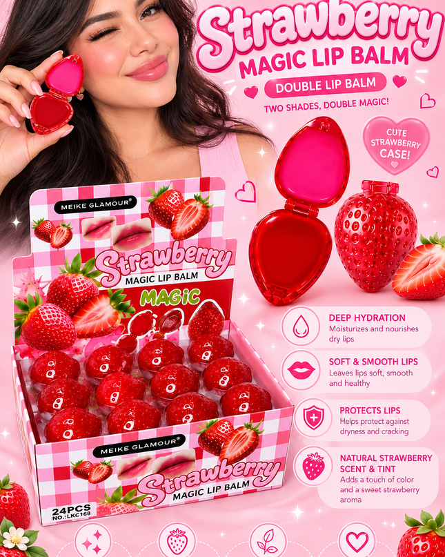 DOUBLE LIP BALM STRAWBERRY MEIKE GLAMOUR -24 PCS BOX (MK168) (D33)