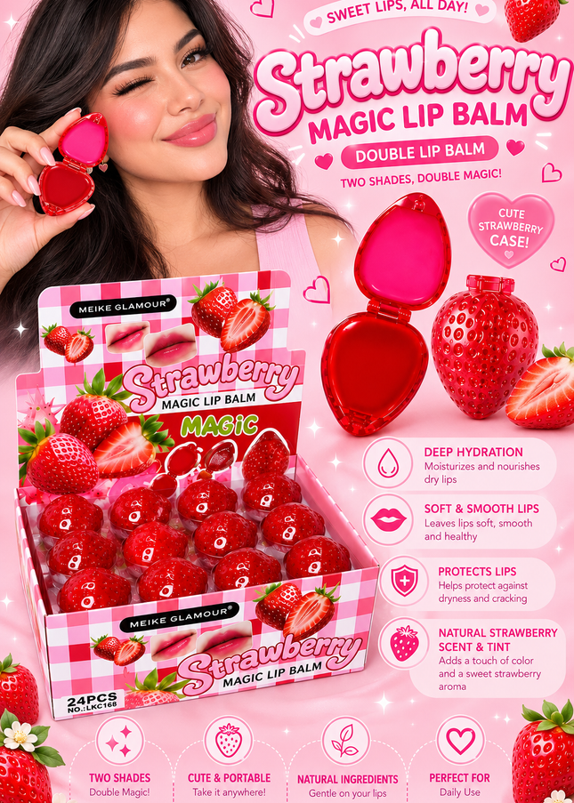 DOUBLE LIP BALM STRAWBERRY MEIKE GLAMOUR -24 PCS BOX (MK168) (D33)