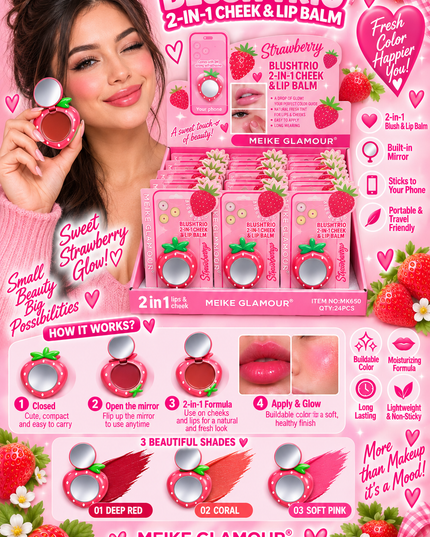 BLUSH-TRIO CHEEK & LIPS -STICK IT TO YOUR PHONE -MEIKE GLAMOUR-CHERRY -24 PCS MK653-(L36)