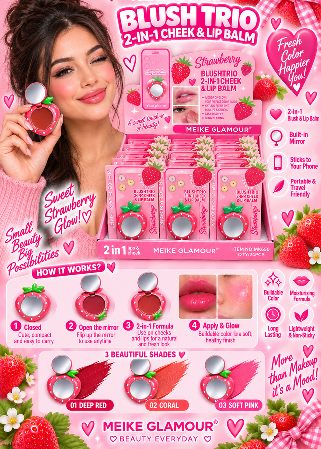 BLUSH-TRIO CHEEK & LIPS -STICK IT TO YOUR PHONE -MEIKE GLAMOUR-CHERRY -24 PCS MK653-(L36)