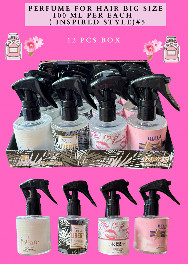 PERFUME FOR HAIR BIG SIZE 100 ML PER EACH (INSPIRED STYLE) #5 - (12 PCS BOX)