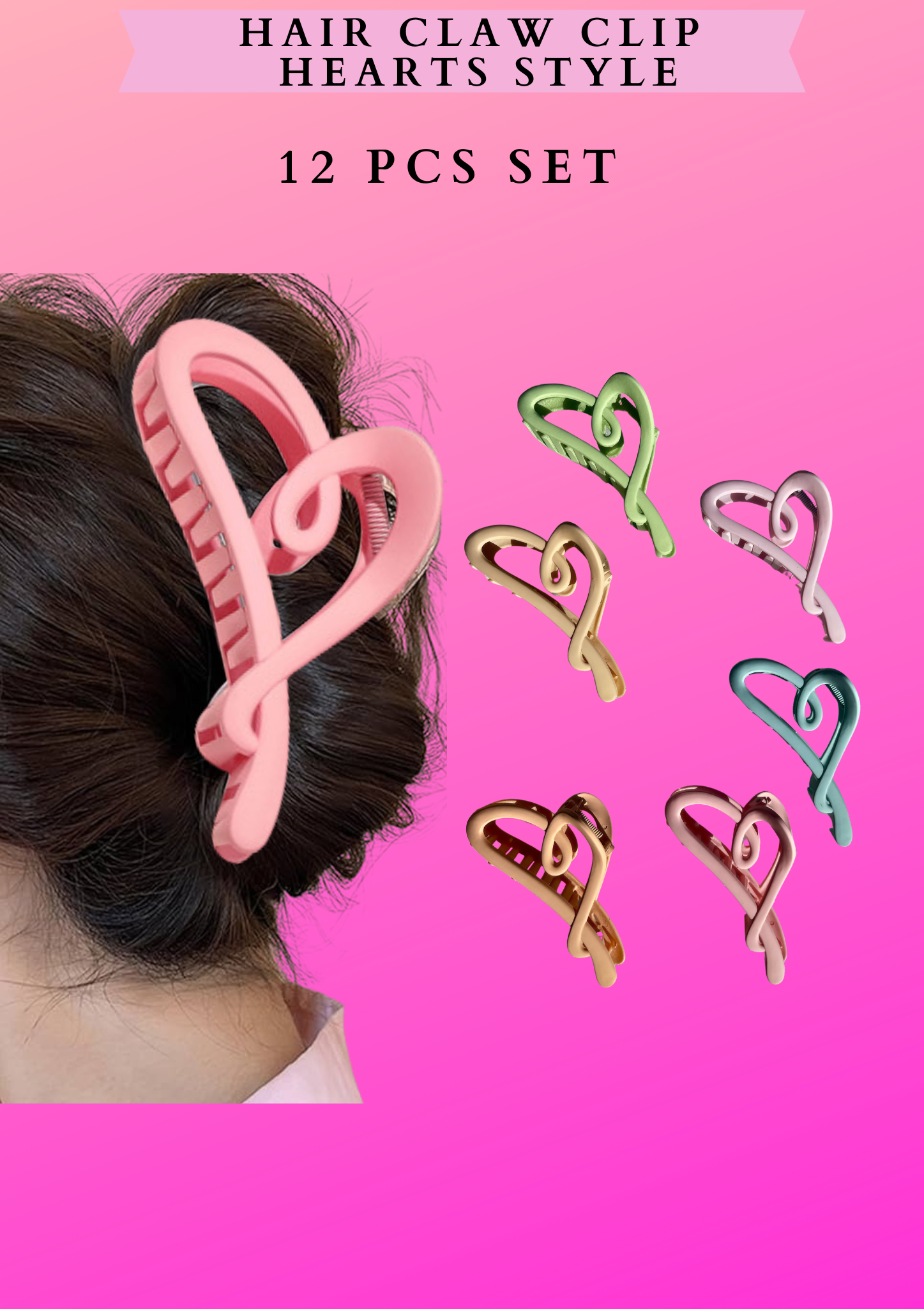 HAIR CLAW CLIP HEARTS - STYLE 12 PCS SET