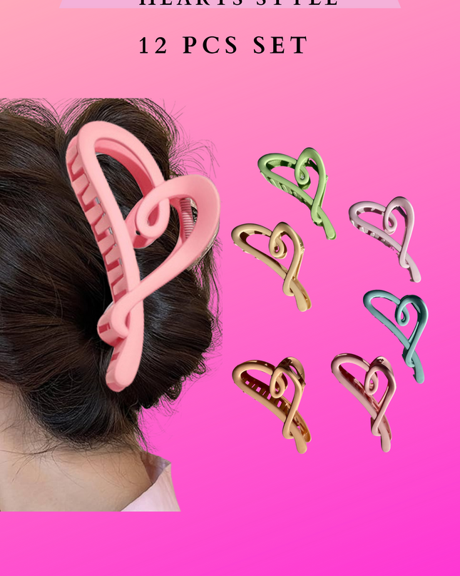 HAIR CLAW CLIP HEARTS - STYLE 12 PCS SET
