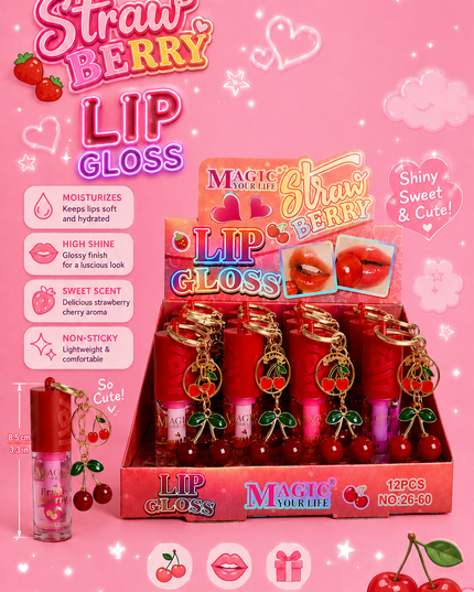 LIPGLOSS CHERRY WITH KEYCHAIN - MAGIC YOUR LIFE-  12 pcs box #2660
