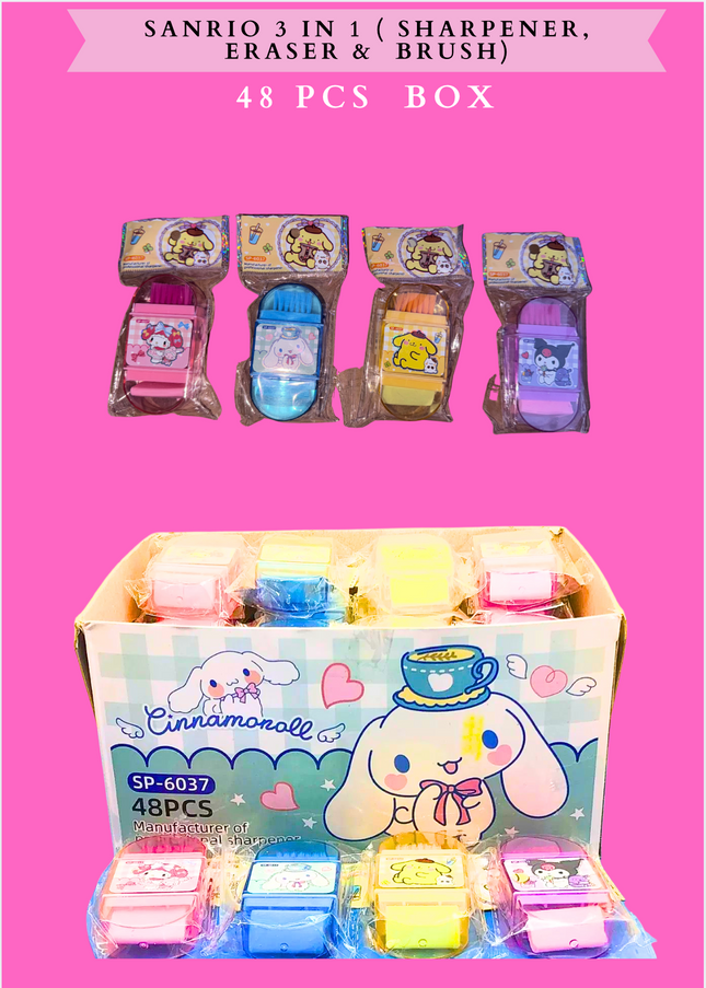 SANRIO 3 IN 1 ( SHARPENER, ERASER BRUSH) - 48 PCS BOX