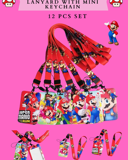 MARIO CARD HOLDER LANYARD WITH MINI KEYCHAIN - 12 PCS SET