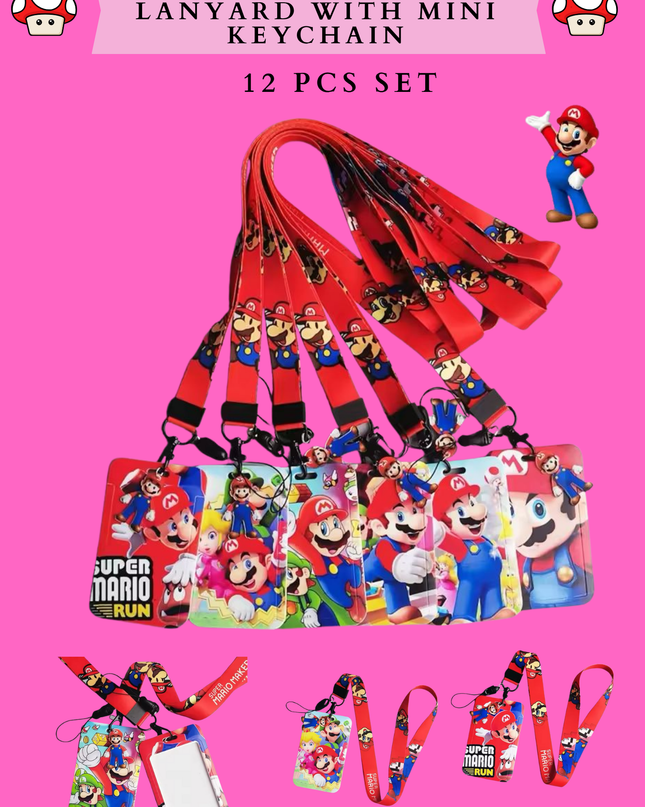 MARIO CARD HOLDER LANYARD WITH MINI KEYCHAIN - 12 PCS SET