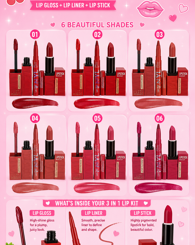 MEIKE Glamour 3 in 1 - lipstick matte - lipgloss matte & lip liner ( 12 set box) #MK541