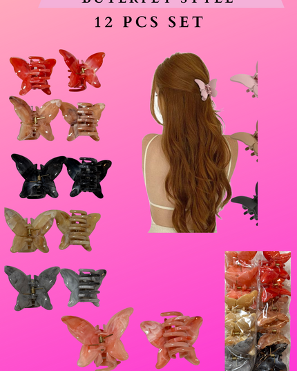 HAIR CLAW CLIP BUTERFLY STYLE-  12 PCS SET