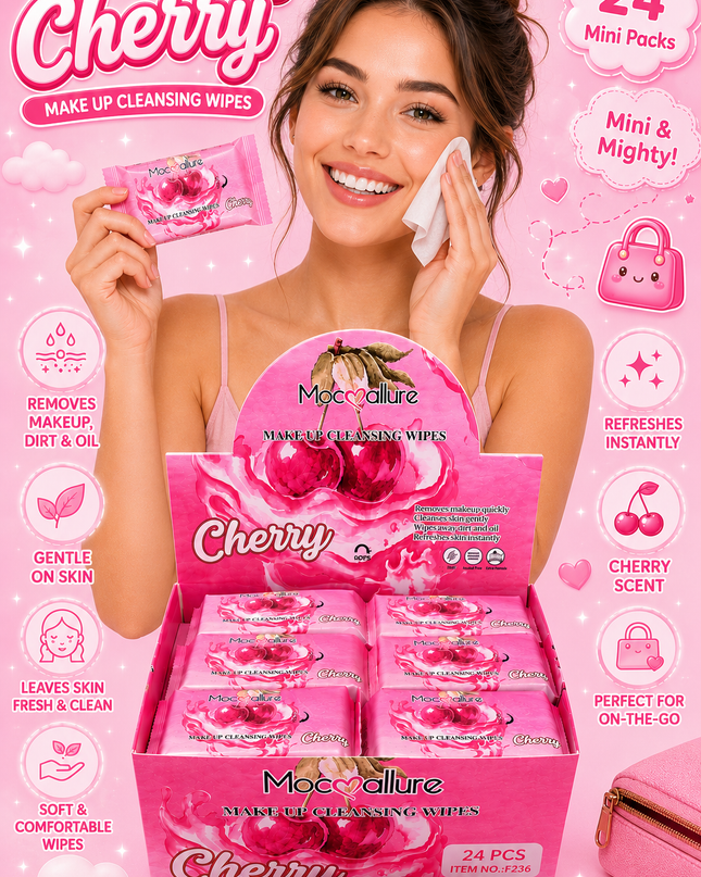MOCALLURE CLEANSING WIPES  CHERRY #FF236- (makeup remover wipes )24 pcs box