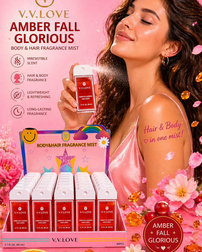 AMBER FALL GLORIOUS- BODY & HAIR FRAGRANCE MIST - Vv love ( 40 pcs box ) 80 ml per each