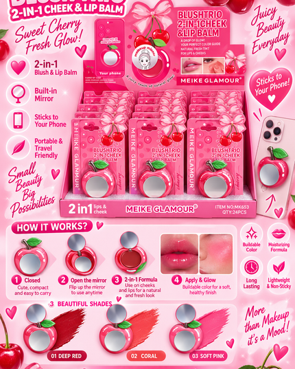 BLUSH-TRIO CHEEK & LIPS -STICK IT TO YOUR PHONE -MEIKE GLAMOUR-CHERRY -24 PCS MK653-(L36)