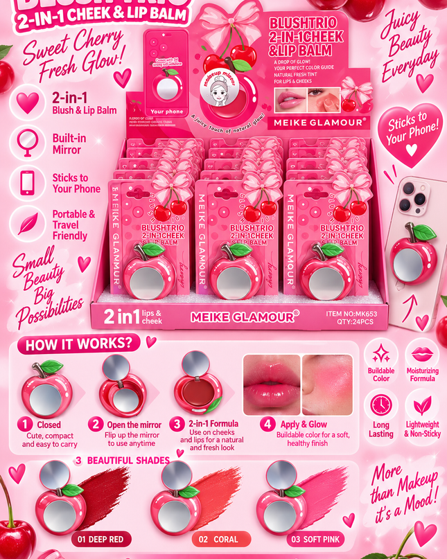 BLUSH-TRIO CHEEK & LIPS -STICK IT TO YOUR PHONE -MEIKE GLAMOUR-CHERRY -24 PCS MK653-(L36)